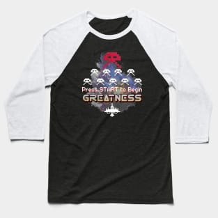 Press Start to Begin Greatness Retro Galaxy Arcade Gaming Baseball T-Shirt